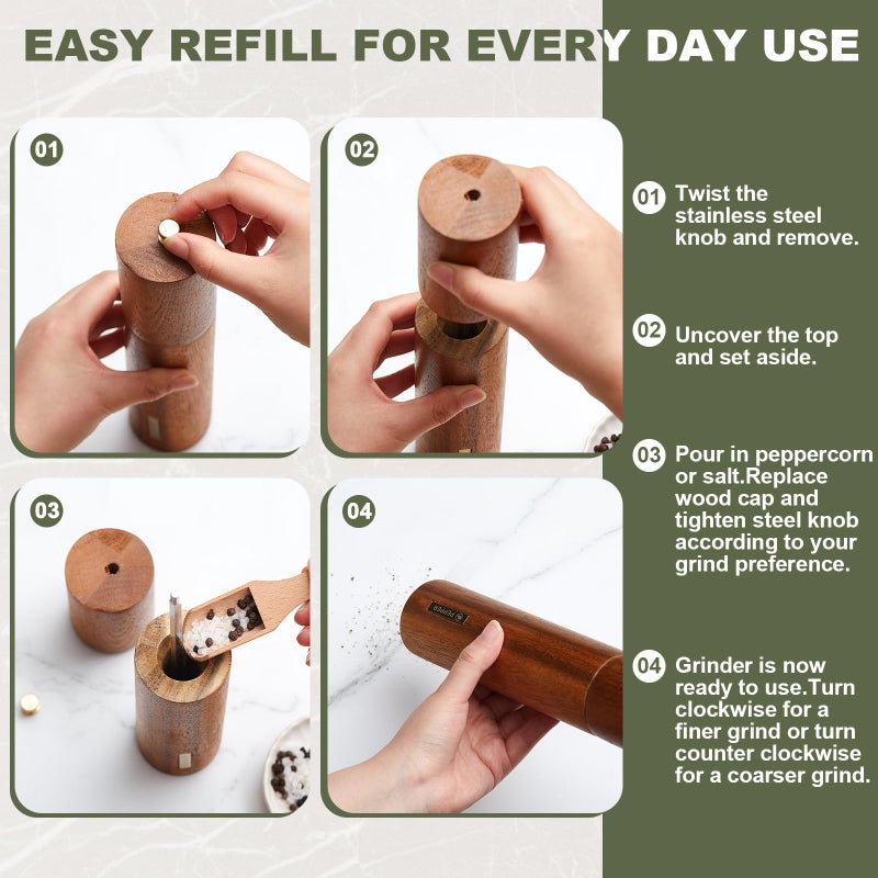 LOYIM Wooden Salt and Pepper Grinder Set 10 Inch Manual Salt and Pepper Mill with Tray Adjustable Coarseness Refillable Wood Grinders with Gold Bottle Label for Kitchen(Wood Color) - Image 5