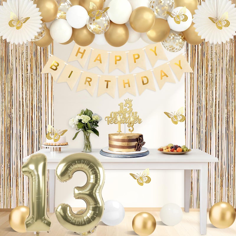 Juesly 13th Birthday Decorations for Girls, Gold 13 Birthday Girl Decorations, Official Teenager 13 Sash and Crown, Banner, Fringe Curtains, Hanging Paper Fans, 13 Year Old Party Supplies Set - Image 5