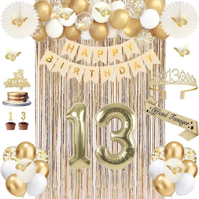 Juesly 13th Birthday Decorations for Girls, Gold 13 Birthday Girl Decorations, Official Teenager 13 Sash and Crown, Banner, Fringe Curtains, Hanging Paper Fans, 13 Year Old Party Supplies Set - Image 1