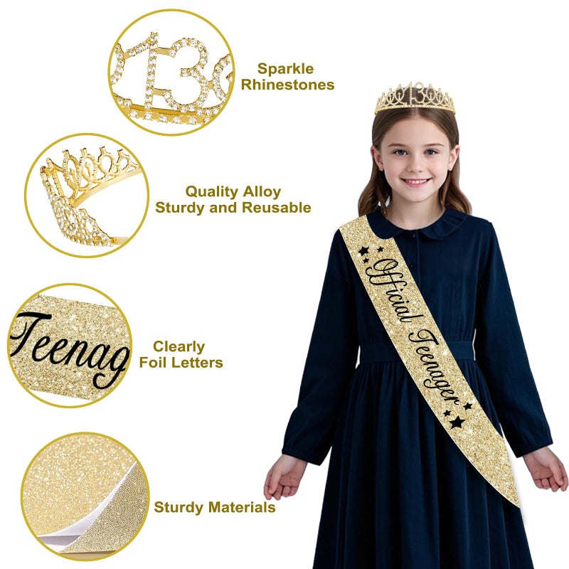 Juesly 13th Birthday Decorations for Girls, Gold 13 Birthday Girl Decorations, Official Teenager 13 Sash and Crown, Banner, Fringe Curtains, Hanging Paper Fans, 13 Year Old Party Supplies Set - Image 4