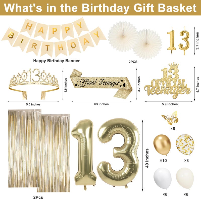 Juesly 13th Birthday Decorations for Girls, Gold 13 Birthday Girl Decorations, Official Teenager 13 Sash and Crown, Banner, Fringe Curtains, Hanging Paper Fans, 13 Year Old Party Supplies Set - Image 3