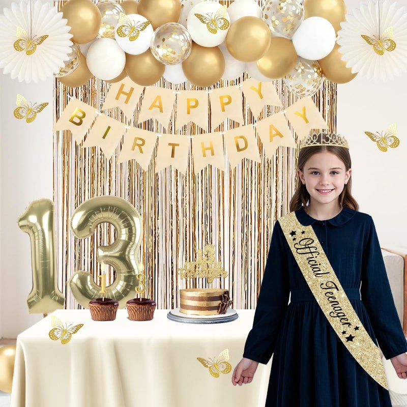 Juesly 13th Birthday Decorations for Girls, Gold 13 Birthday Girl Decorations, Official Teenager 13 Sash and Crown, Banner, Fringe Curtains, Hanging Paper Fans, 13 Year Old Party Supplies Set - Image 2