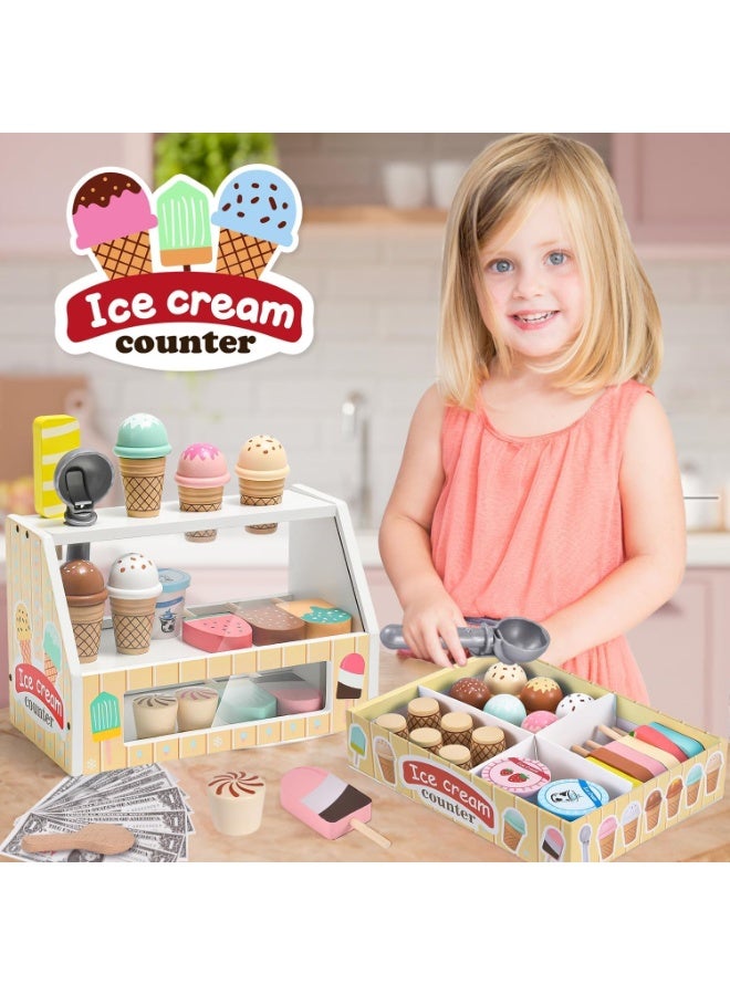 AM ANNA Wooden Ice Cream Counter Playset for Toddler, Play Store Pretend Toy Food Play Kitchen Accessories with Fake Money & Coin,Play Food Scoop and Serve,Play Kitchen Sets for Kids Ages 2 3 4 5 - Image 2