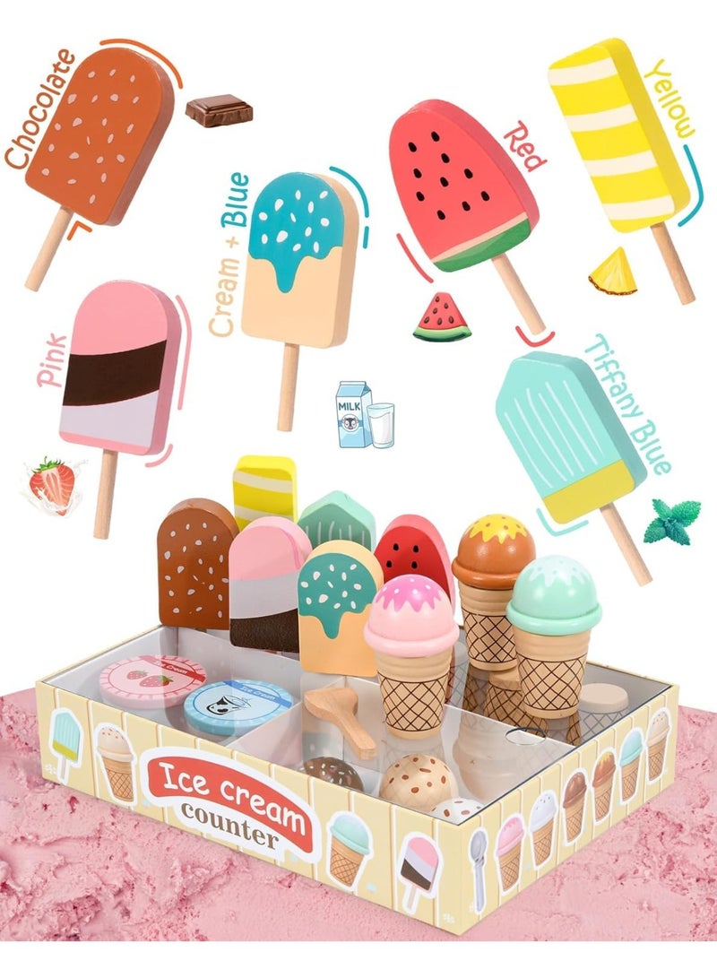 AM ANNA Wooden Ice Cream Counter Playset for Toddler, Play Store Pretend Toy Food Play Kitchen Accessories with Fake Money & Coin,Play Food Scoop and Serve,Play Kitchen Sets for Kids Ages 2 3 4 5 - Image 5