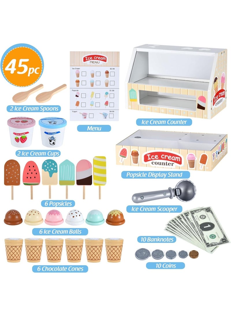 AM ANNA Wooden Ice Cream Counter Playset for Toddler, Play Store Pretend Toy Food Play Kitchen Accessories with Fake Money & Coin,Play Food Scoop and Serve,Play Kitchen Sets for Kids Ages 2 3 4 5 - Image 4