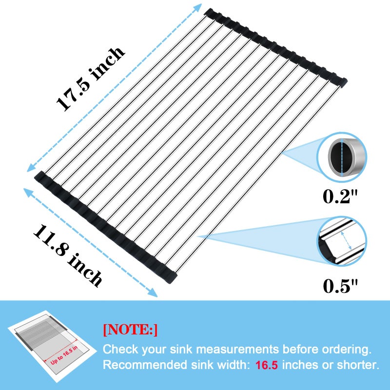 Seropy Roll Up Dish Drying Rack Over The Sink Drying Rack for Kitchen Counter, Rolling Dish Rack Over Sink Mat, Foldable Dish Drainer Stainless Steel Rack Kitchen Organization Gadgets 17.5"x11.8" - Image 3