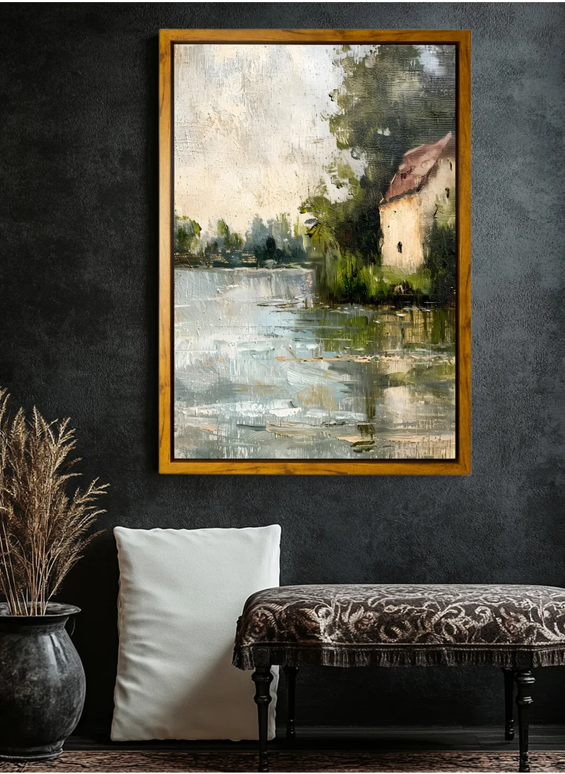 LOWHA Canvas Wall Art Stretched Over Wooden Frame with Wooden Color Floating Frame and Vintage Style House Surrounded by Trees on the Lake Painting