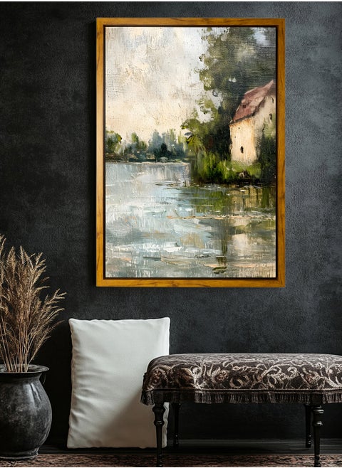 Canvas Wall Art Stretched Over Wooden Frame with Wooden Color Floating Frame and Vintage Style House Surrounded by Trees on the Lake Painting