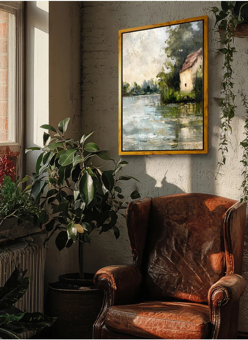 LOWHA Canvas Wall Art Stretched Over Wooden Frame with Wooden Color Floating Frame and Vintage Style House Surrounded by Trees on the Lake Painting