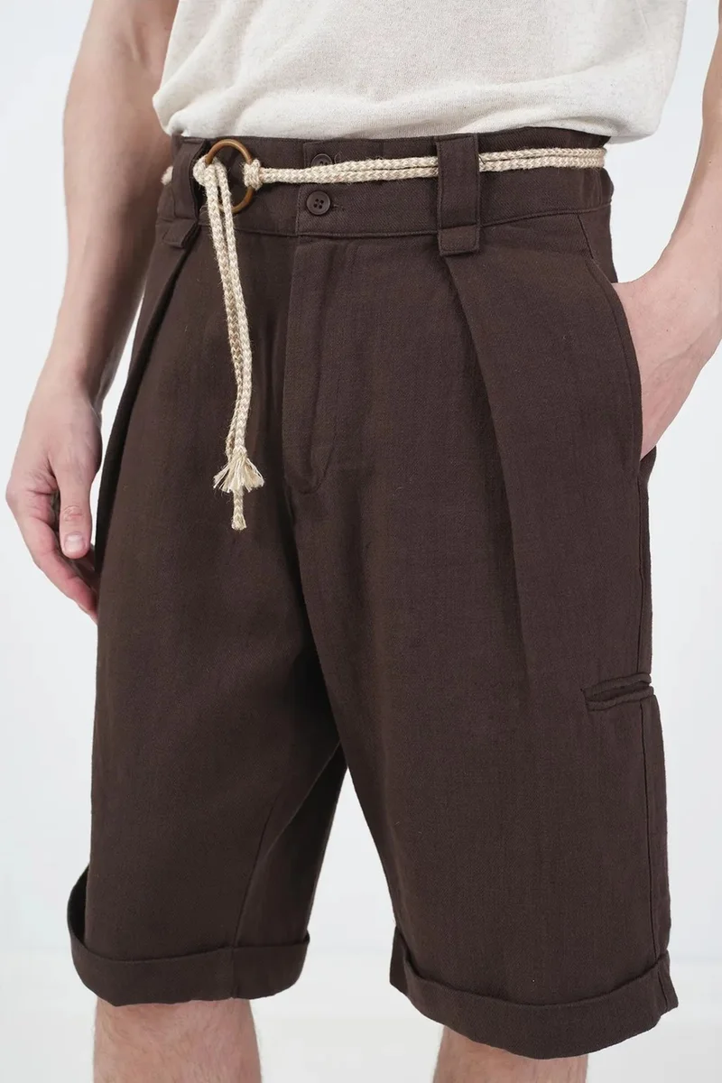 Giesto Coffee Brown GIESTO Mid Waist Relaxed Fit Wide Leg Shorts with Pockets for Men | Best Price UAE