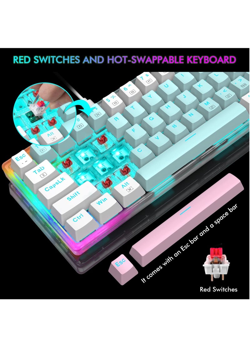 E-YOOSO Mechanical Gaming Keyboard, 61 Keys Ultral Compact Wired Keyboard, Red Switches, RGB Backlit, Hot-Swappable Socket, White - Image 2