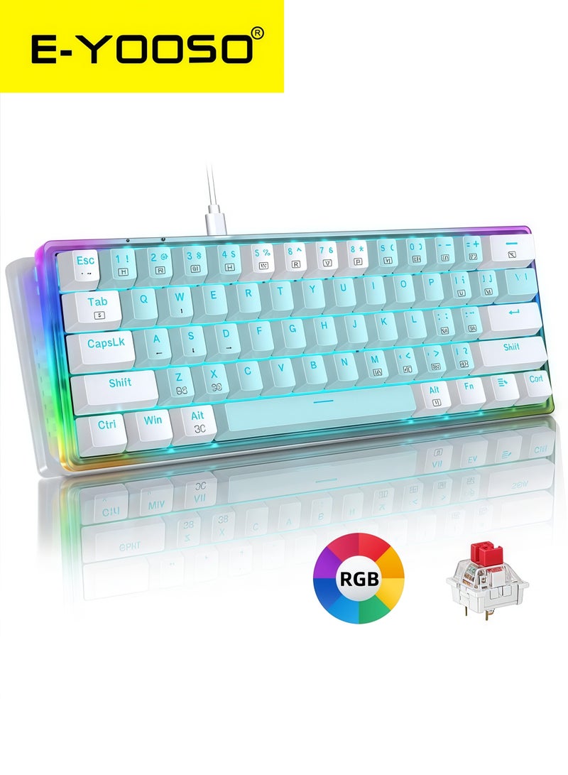E-YOOSO Mechanical Gaming Keyboard, 61 Keys Ultral Compact Wired Keyboard, Red Switches, RGB Backlit, Hot-Swappable Socket, White - Image 1