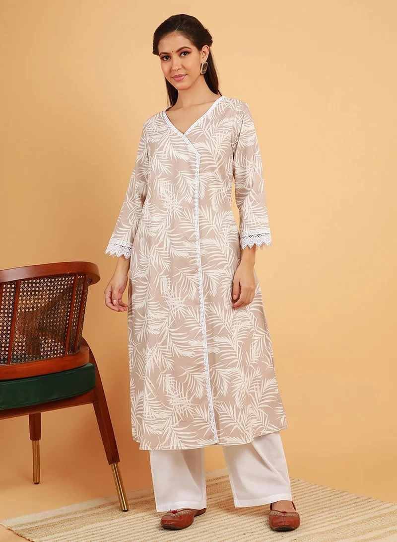  قصة Women's Saltbox Beige Soft Fern Kurta With Trousers