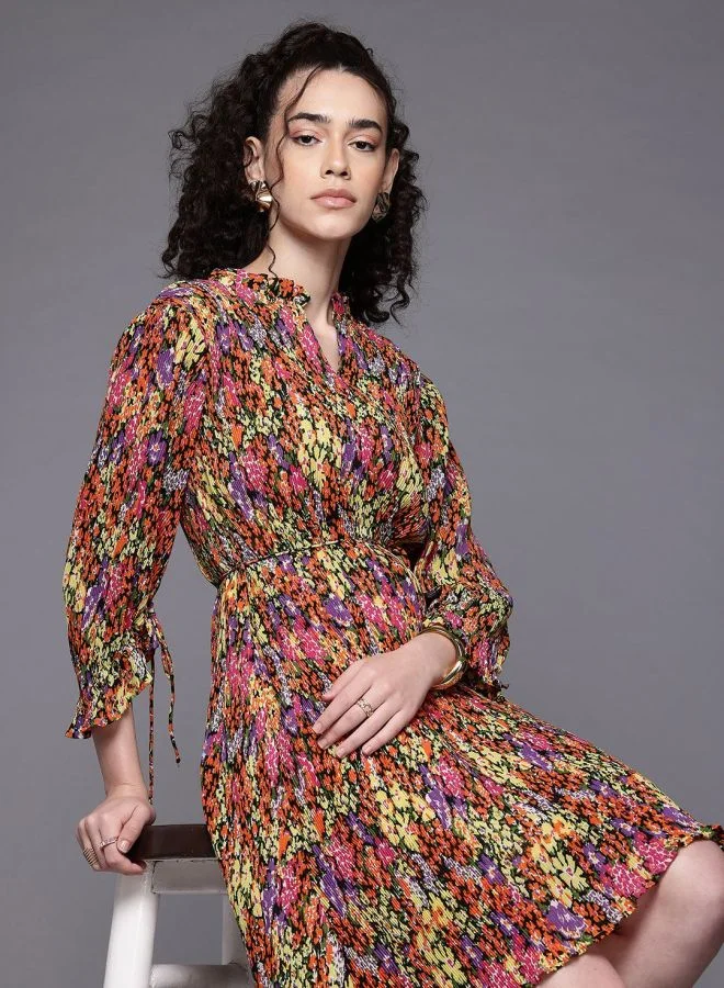 Women Relaxed Fit Floral Printed Round Neck Long Sleeve Pleated Dress