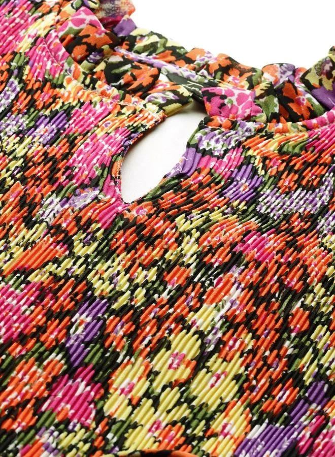 Freehand  Women Relaxed Fit Floral Printed Round Neck Long Sleeve Pleated Dress for Women | Best Price UAE