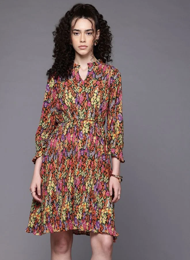 Freehand  Women Relaxed Fit Floral Printed Round Neck Long Sleeve Pleated Dress for Women | Best Price UAE