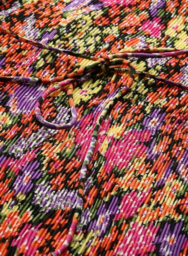 Freehand  Women Relaxed Fit Floral Printed Round Neck Long Sleeve Pleated Dress for Women | Best Price UAE