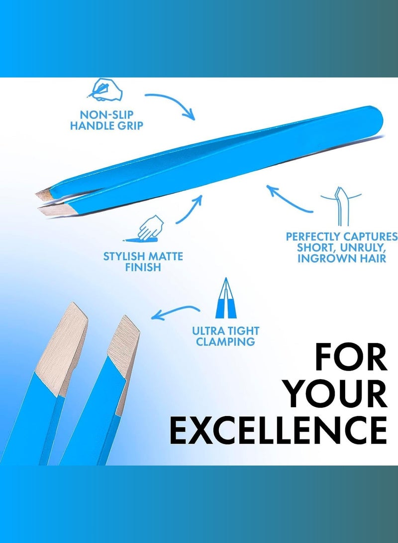 RCler lab. Professional Eyebrow Tweezers, Tweezers for Men, Women and Children, with Angled Tip for Easy Plucking of Ingrown Hairs, Stainless Steel (Blue) - Image 2