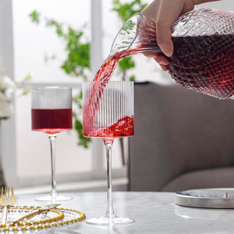 INSETLAN Square Wine Glasses Set of 4, Elegant Ribbed Design Wine Glasses 12.5oz, Long Stem Unique Modern Shape - Hand Blown Premium Wine Glass, For Red & White Wine Home Bar Party - Image 3