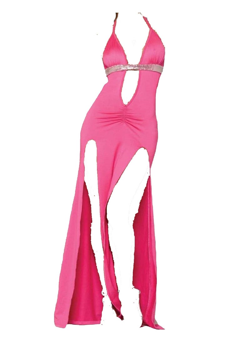 Women Cut Out Side Sleeveless Split Thigh Party Bodycon Maxi Dress - Image 1
