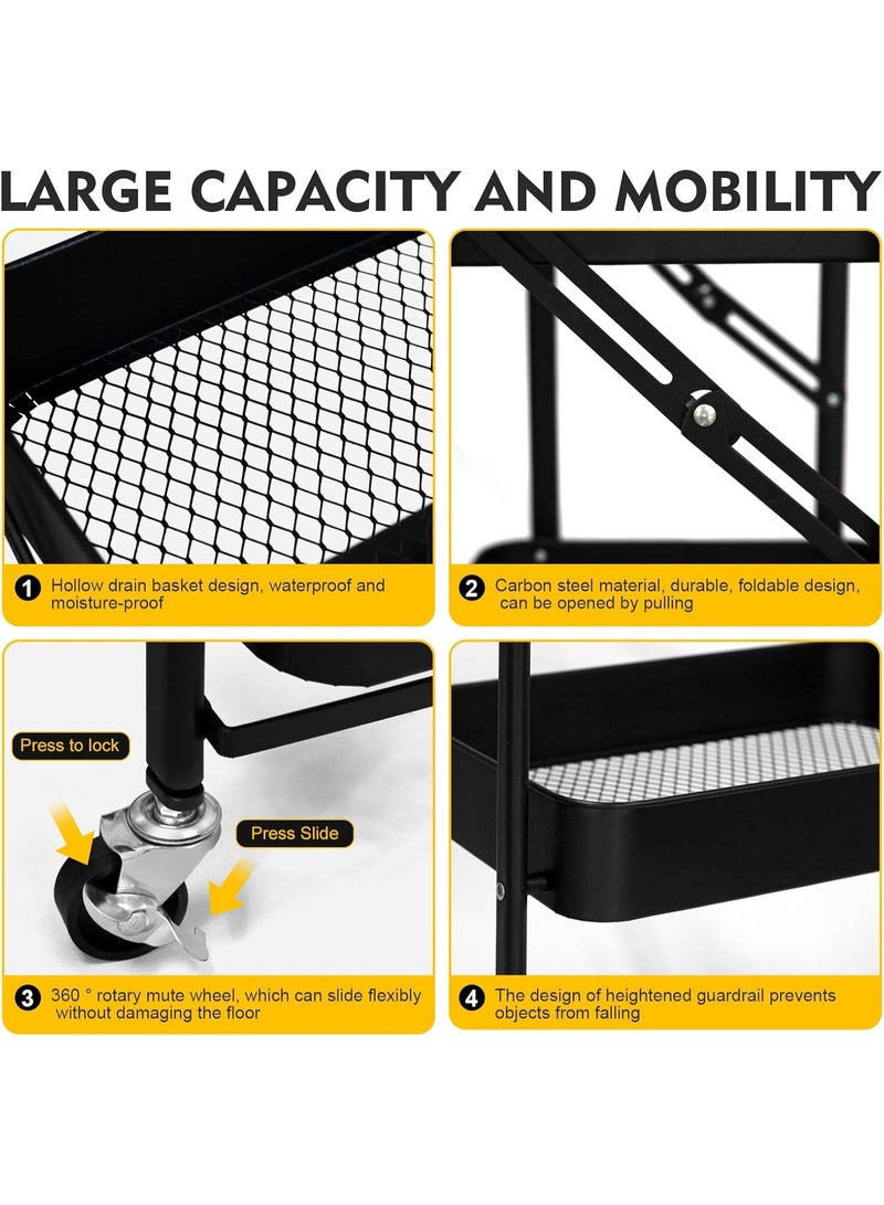 Beauenty 3 Tier Foldable Metal Rolling Utility Cart Organizer, Multipurpose Organizer Trolley With Casters For Kitchen, Bedroom, Bathroom, Office, Laundry Room And Garage Black46.5X29X77.5cm - Image 2