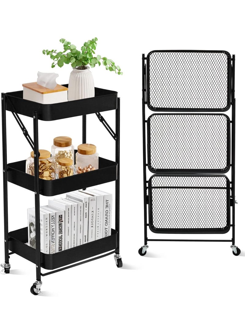 Beauenty 3 Tier Foldable Metal Rolling Utility Cart Organizer, Multipurpose Organizer Trolley With Casters For Kitchen, Bedroom, Bathroom, Office, Laundry Room And Garage Black46.5X29X77.5cm - Image 1