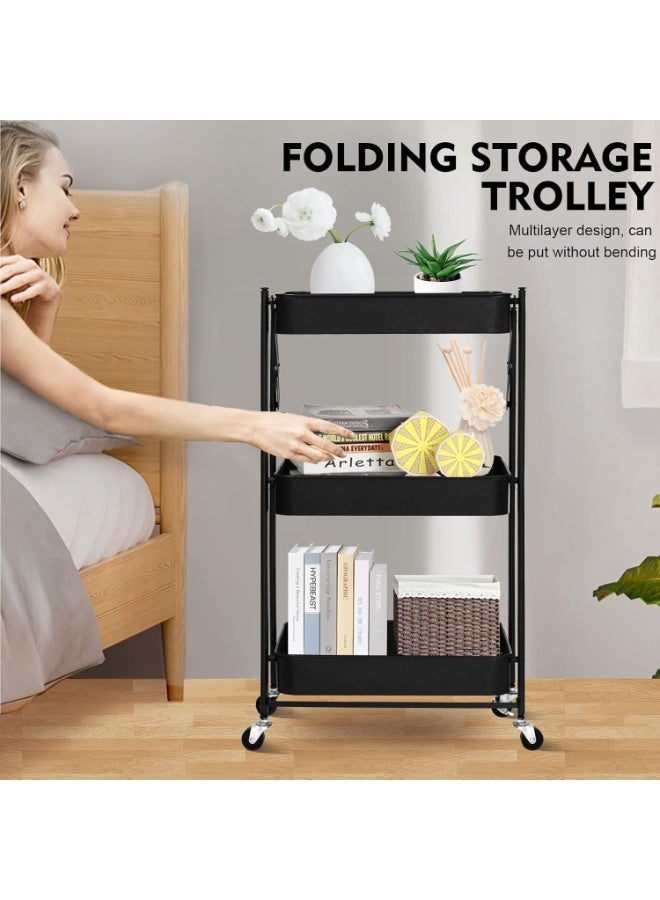 Beauenty 3 Tier Foldable Metal Rolling Utility Cart Organizer, Multipurpose Organizer Trolley With Casters For Kitchen, Bedroom, Bathroom, Office, Laundry Room And Garage Black46.5X29X77.5cm - Image 4