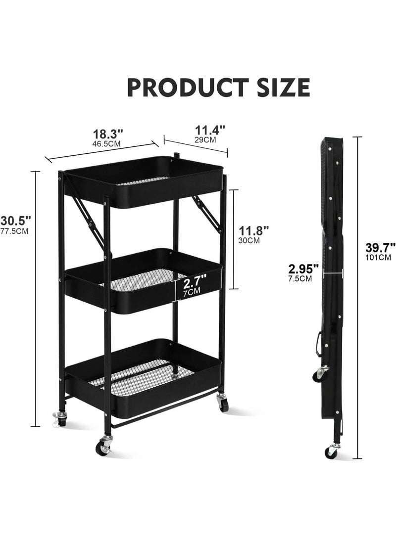 Beauenty 3 Tier Foldable Metal Rolling Utility Cart Organizer, Multipurpose Organizer Trolley With Casters For Kitchen, Bedroom, Bathroom, Office, Laundry Room And Garage Black46.5X29X77.5cm - Image 5