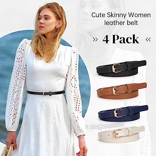 JASGOOD 4 Pack Skinny Women Leather Belt for Dresses Thin Waist Belt for Jeans Pants with Gold Buckle - Image 2