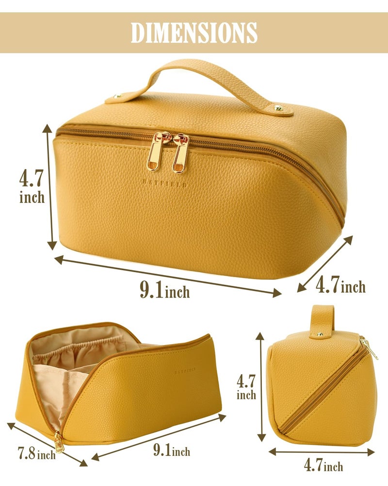 Batfield Cosmetic Bag For Women,Litchi Pu Leather Makeup Pouch For Women,Large Capacity Cosmetic Travel Bag,Portable Makeup Kit Storage Bag With Handle And Divider,Makeup Organizer Bag (Yellow),12 cm - Image 2
