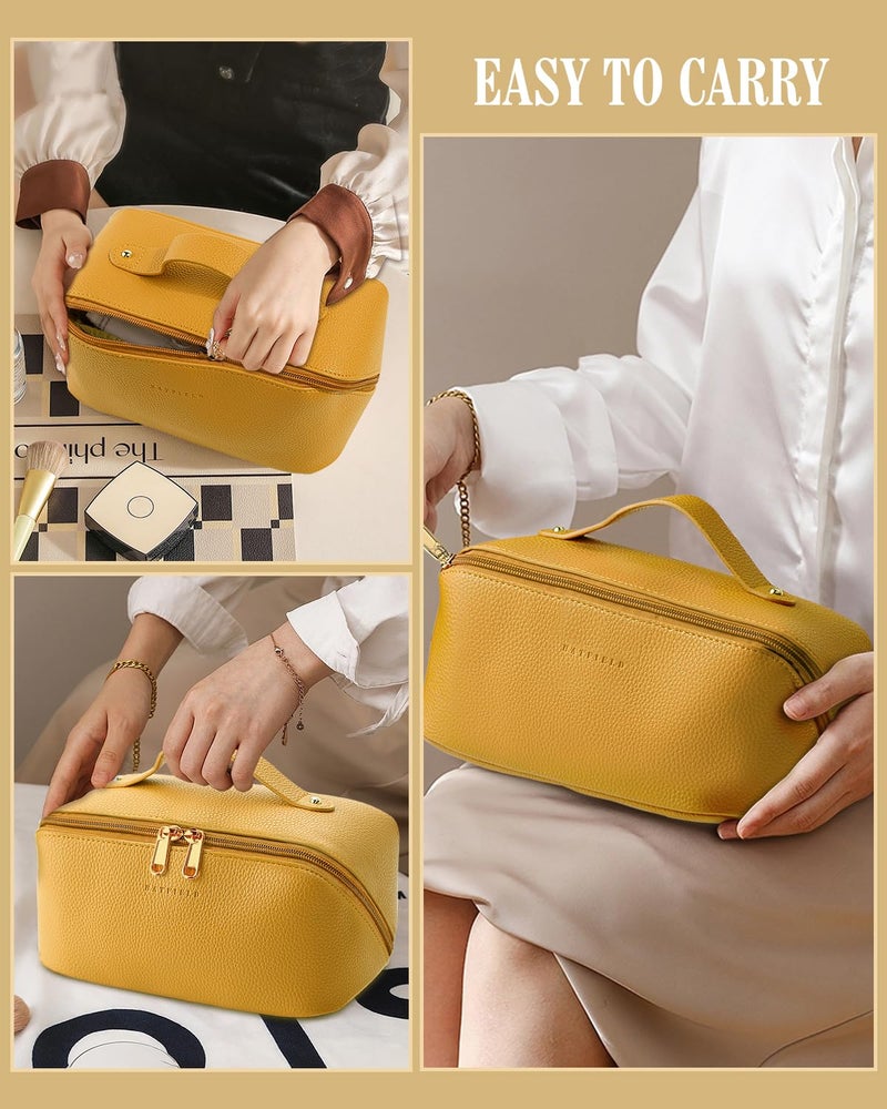 Batfield Cosmetic Bag For Women,Litchi Pu Leather Makeup Pouch For Women,Large Capacity Cosmetic Travel Bag,Portable Makeup Kit Storage Bag With Handle And Divider,Makeup Organizer Bag (Yellow),12 cm - Image 5