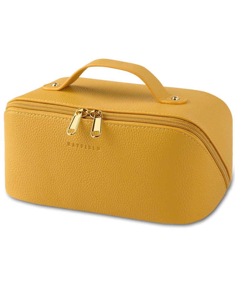Batfield Cosmetic Bag For Women,Litchi Pu Leather Makeup Pouch For Women,Large Capacity Cosmetic Travel Bag,Portable Makeup Kit Storage Bag With Handle And Divider,Makeup Organizer Bag (Yellow),12 cm - Image 1