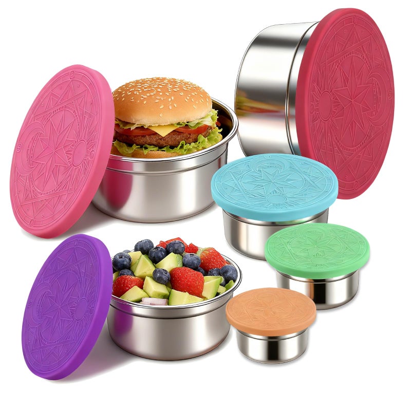 YJSLICT 6 Pack Stainless Steel Lunch Containers with Lids Set, Round Nesting Snack Container (Size 38, 24, 12, 6, 4, 2oz), Metal Salad Containers for Lunch, Picnic, Home, Travel - Image 1