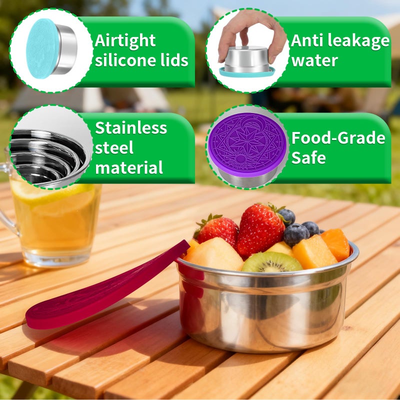 YJSLICT 6 Pack Stainless Steel Lunch Containers with Lids Set, Round Nesting Snack Container (Size 38, 24, 12, 6, 4, 2oz), Metal Salad Containers for Lunch, Picnic, Home, Travel - Image 2