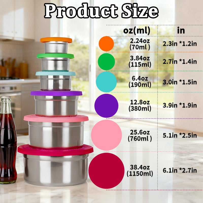 YJSLICT 6 Pack Stainless Steel Lunch Containers with Lids Set, Round Nesting Snack Container (Size 38, 24, 12, 6, 4, 2oz), Metal Salad Containers for Lunch, Picnic, Home, Travel - Image 3