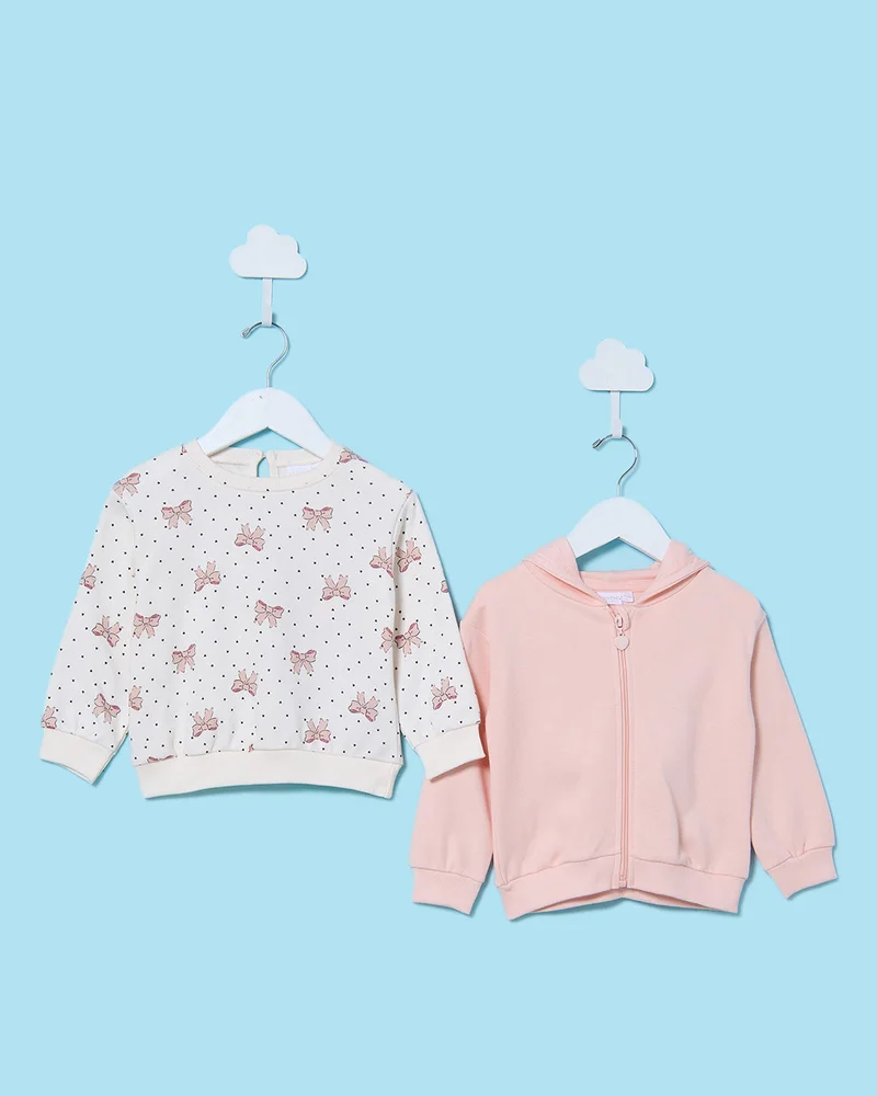REDTAG Infant Girls White And Peach Hooded Sweatshirt Set (Pack of 2)