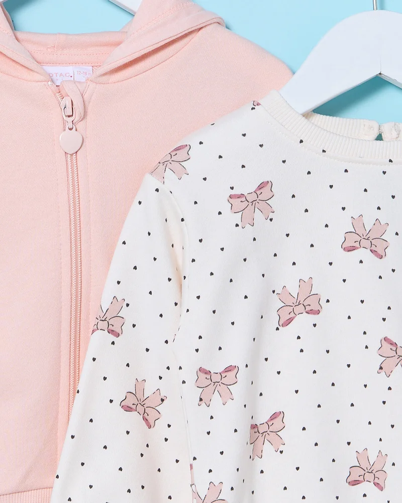 REDTAG Infant Girls White And Peach Hooded Sweatshirt Set (Pack of 2)