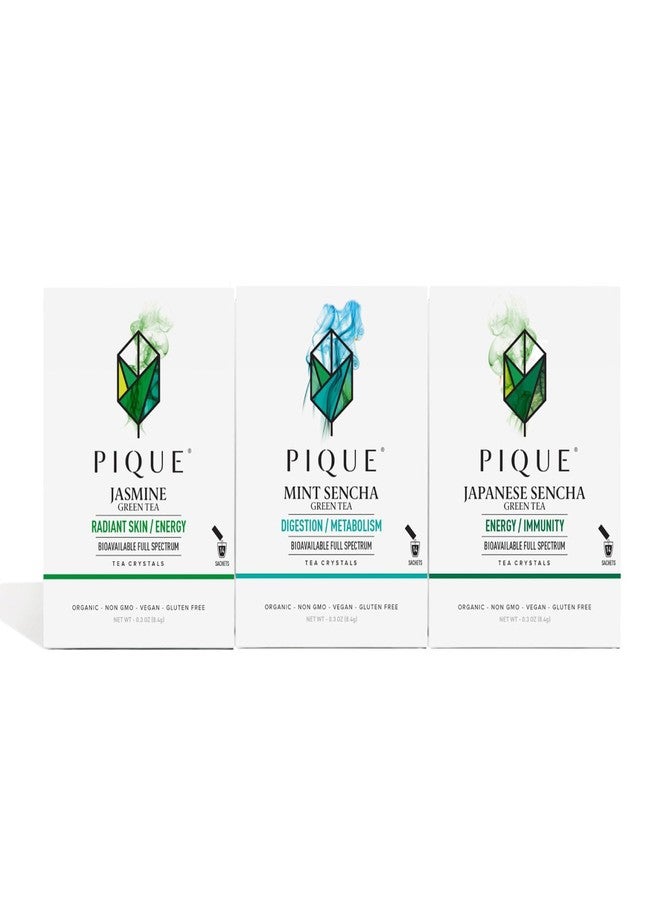 Pique Tea Organic Green Tea Crystals Sampler - Immune Support, Gut Health, Fasting - 42 Single Serve Sticks (Pack of 3) - Image 1