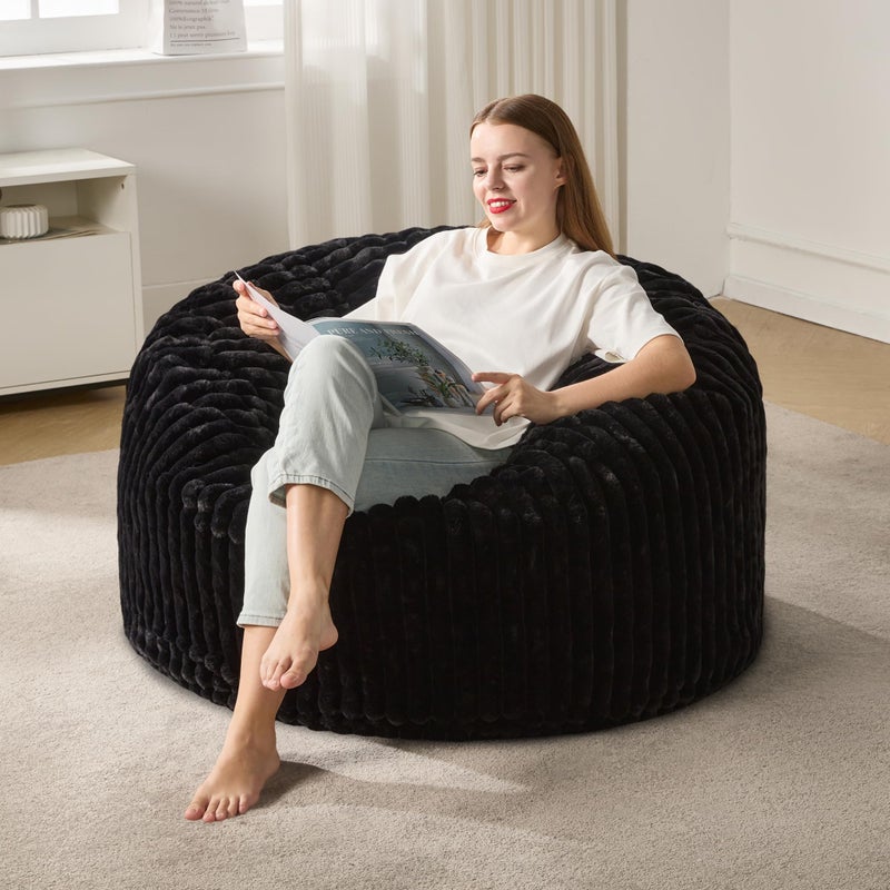 Hobestluk 3ft Bean Bag Chairs for Adults Large Beanbag Chair with Stripe Plush Cover Big Bean Bag Chair for Living Room Bedroom Dorm Office - Black (36â€ x 36â€ x 22â€) - Image 1