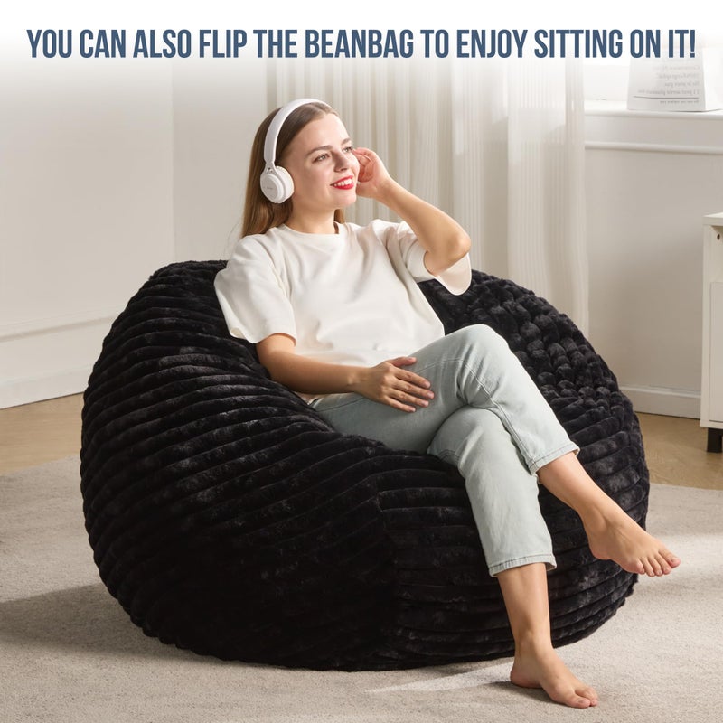 Hobestluk 3ft Bean Bag Chairs for Adults Large Beanbag Chair with Stripe Plush Cover Big Bean Bag Chair for Living Room Bedroom Dorm Office - Black (36â€ x 36â€ x 22â€) - Image 3