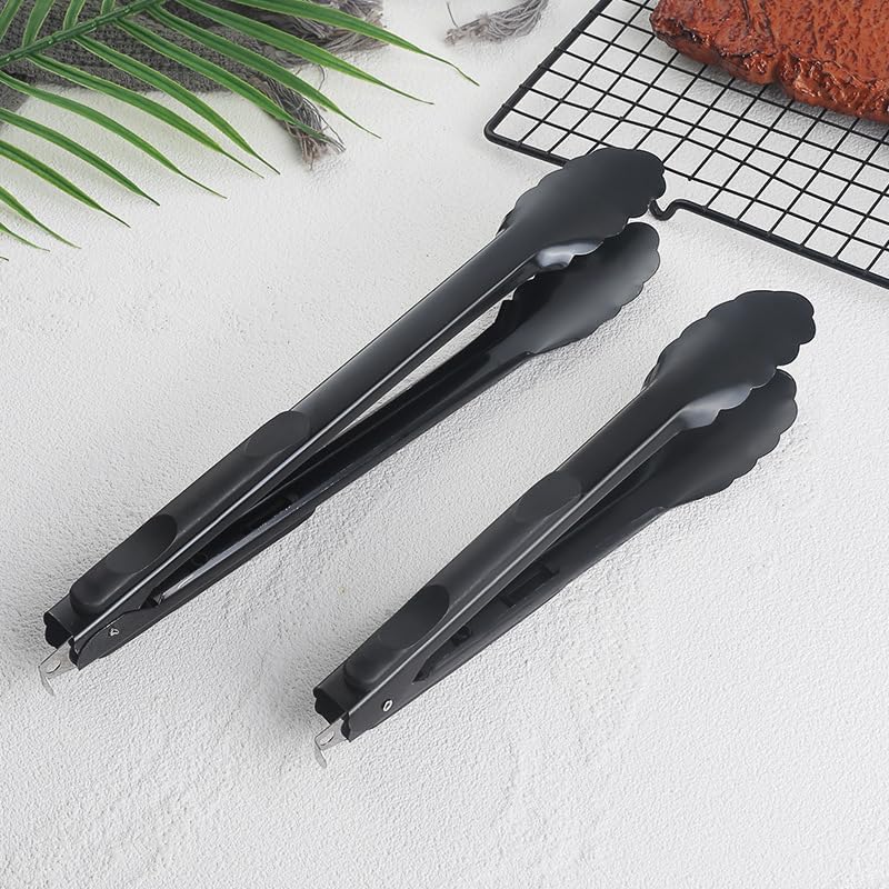 Valajogi BBQ Tongs for Grilling Long Kitchen Cooking Stainless Steel Heavy Duty with Heat Resistant Silicone Grips Serving Frying Salad Pasta Metal Food for Black Non-Slip Salad, Pasta [30x4x4 CM] - Image 3