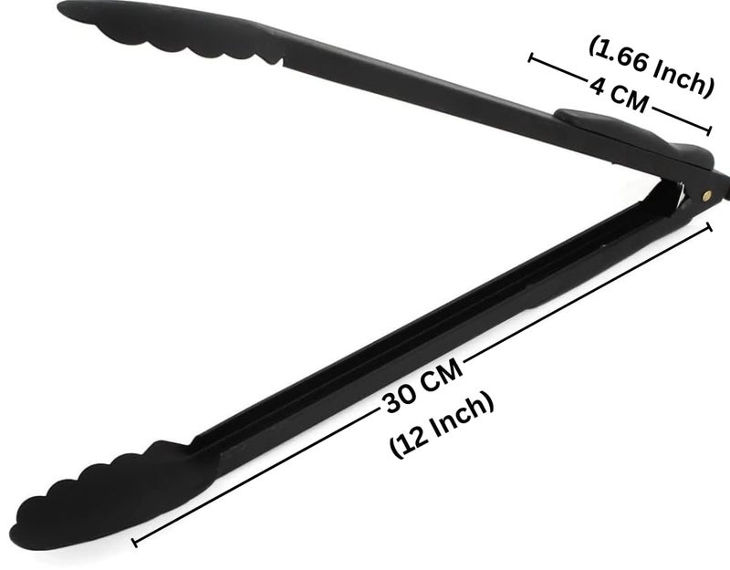 Valajogi BBQ Tongs for Grilling Long Kitchen Cooking Stainless Steel Heavy Duty with Heat Resistant Silicone Grips Serving Frying Salad Pasta Metal Food for Black Non-Slip Salad, Pasta [30x4x4 CM] - Image 2