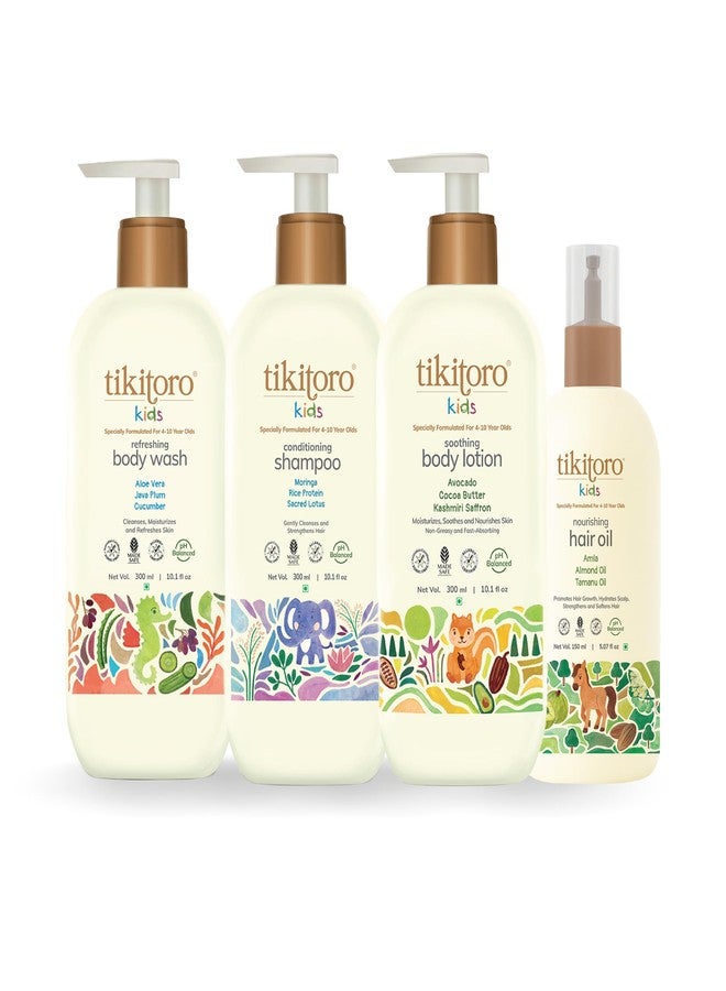 Tikitoro Kids Gentle Care Combo With Refreshing Body Wash, Soothing Body Lotion, Conditioning Shampoo, and Nourishing Hair Oil (4-10 years) (3 x 300ml & 1 x 150ml) - Image 1