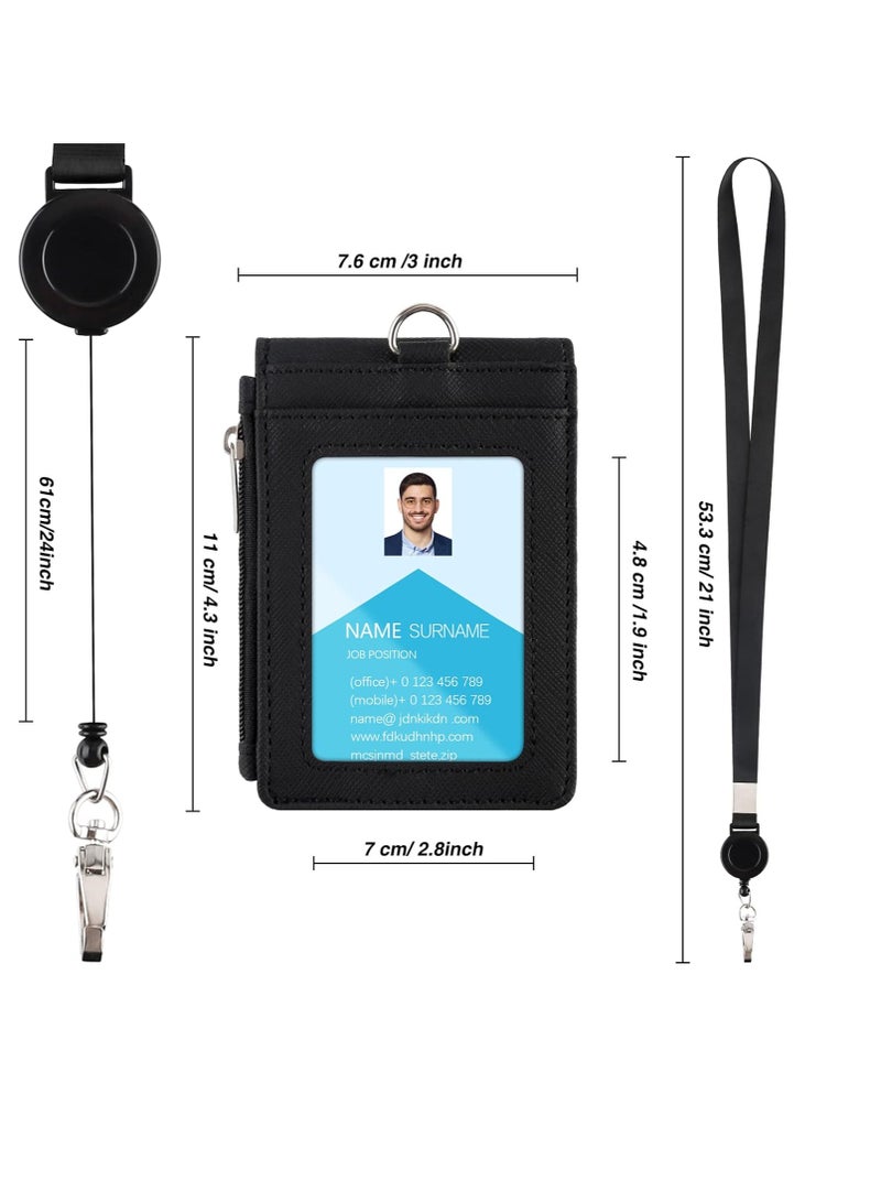 SYOSI Badge Holder with Zipper Retractable Lanyard PU Leather ID Badge Holder Wallet 20 Inch Lanyard Neck Strap Detachable 5 Card Slots for Office Staff Teacher Student Worker Black  - Image 3