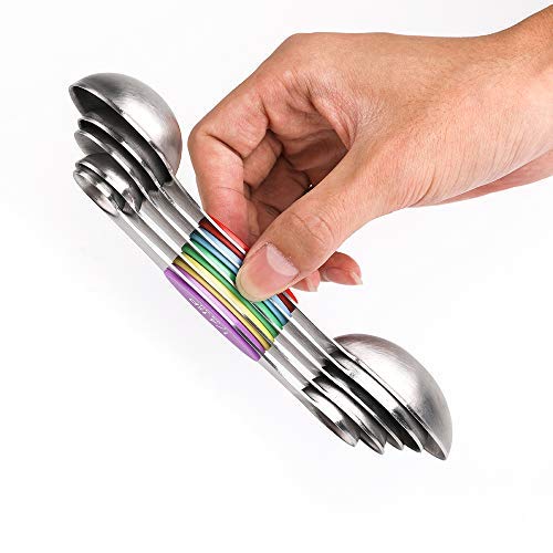 Magnetic Measuring Spoons Set Dual Sided Stainless Steel Set of 7 Stackable Magnetic Teaspoon Tablespoon for Measuring Dry and Liquid Ingredients Color
