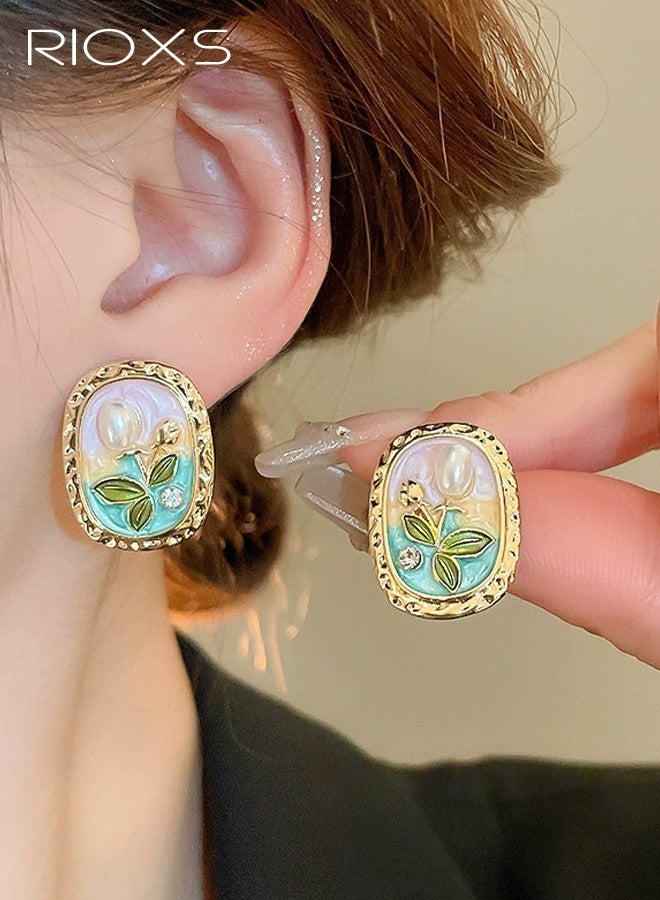 RIOXS Oil Painting Style Flower Pearl Stud Earrings for Women, Vintage Jardin Monet Earrings, Enamel Drip oil Floral Earrings Party Jewelry for Ladies - Image 1
