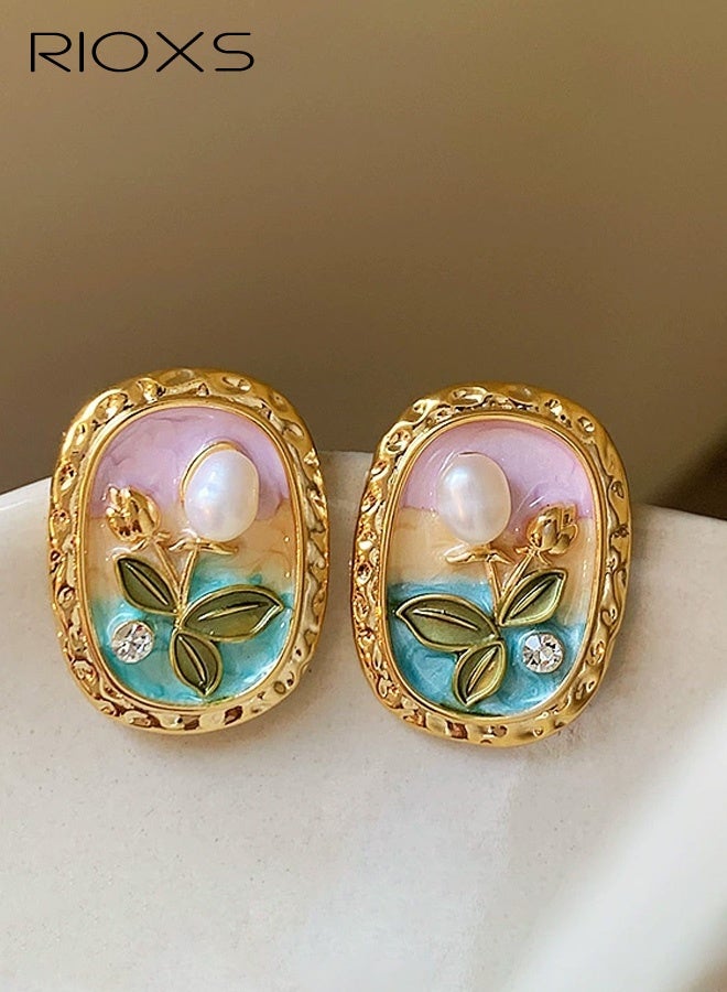 RIOXS Oil Painting Style Flower Pearl Stud Earrings for Women, Vintage Jardin Monet Earrings, Enamel Drip oil Floral Earrings Party Jewelry for Ladies - Image 3