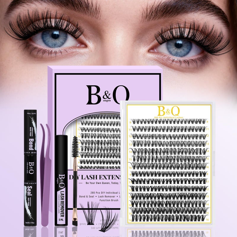 B&qaugen B&Q Lash Clusters Kit 280PCS Eyelash Clusters Kit,30D 40D D 9-16MIX Individual Lash Comfortable Eyelash Extension Set, Classic Look with Bond and Seal Waterproof, Remover DIY at Home(Set,30D+40D) - Image 1