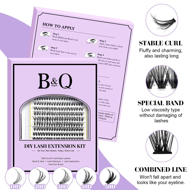 B&qaugen B&Q Lash Clusters Kit 280PCS Eyelash Clusters Kit,30D 40D D 9-16MIX Individual Lash Comfortable Eyelash Extension Set, Classic Look with Bond and Seal Waterproof, Remover DIY at Home(Set,30D+40D) - Image 3