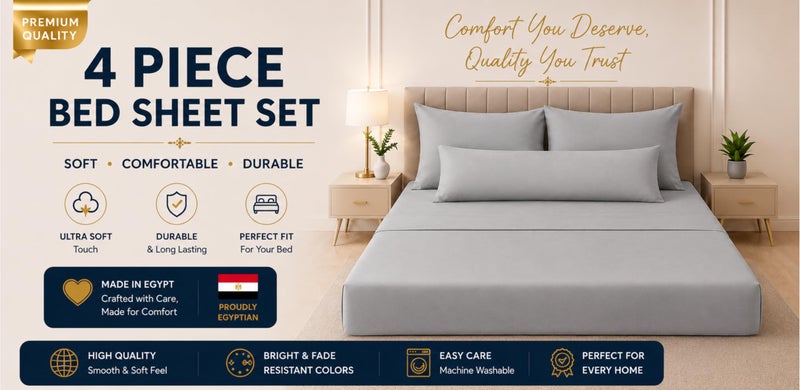 Ultra Soft 4-Piece Bed Sheet Set – Flat Sheet with Long Pillow Cover & 2 Pillowcases – for 160 cm Bed Soft Cotton Blend Bedding Set (Gray, 160 cm) - Image 2